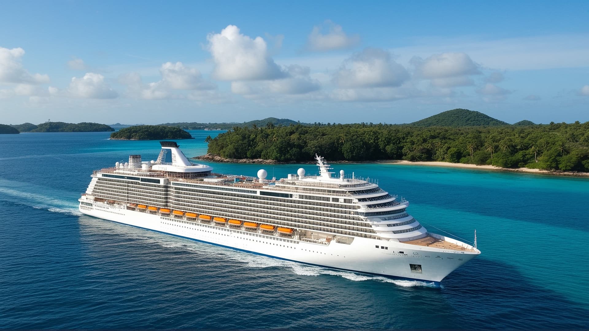 Cruise ship sailing in turquoise Caribbean waters